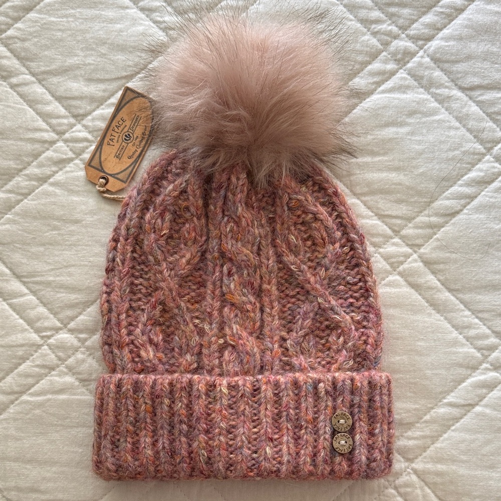 🆕 FATFACE Cable Knit Pom Beanie in Dusty Rose